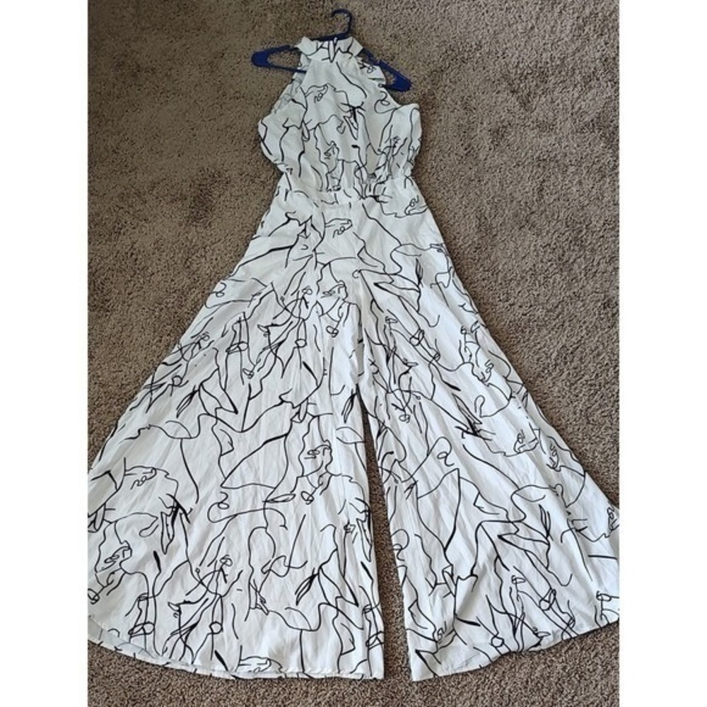 Faeriesty Women White Black Abstract Face Line Art Halter Wide Leg Jumpsuit M